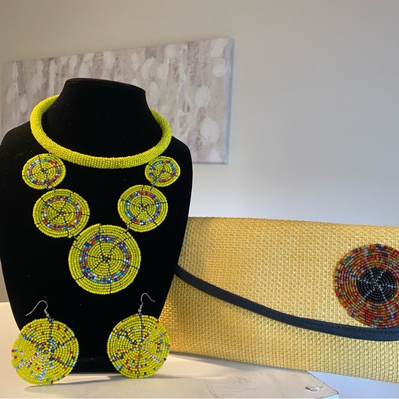 Handmade Jewelry - Vibrant Yellow Beaded Necklace and Earring Set